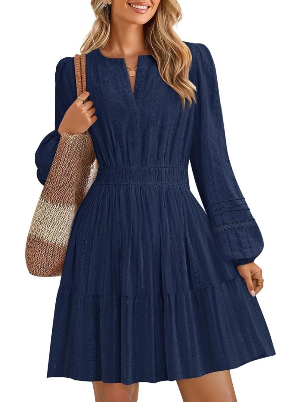 Women's Navy Long Sleeve V Neck High Waist Ruffle Pleated LINE Mini Dress
